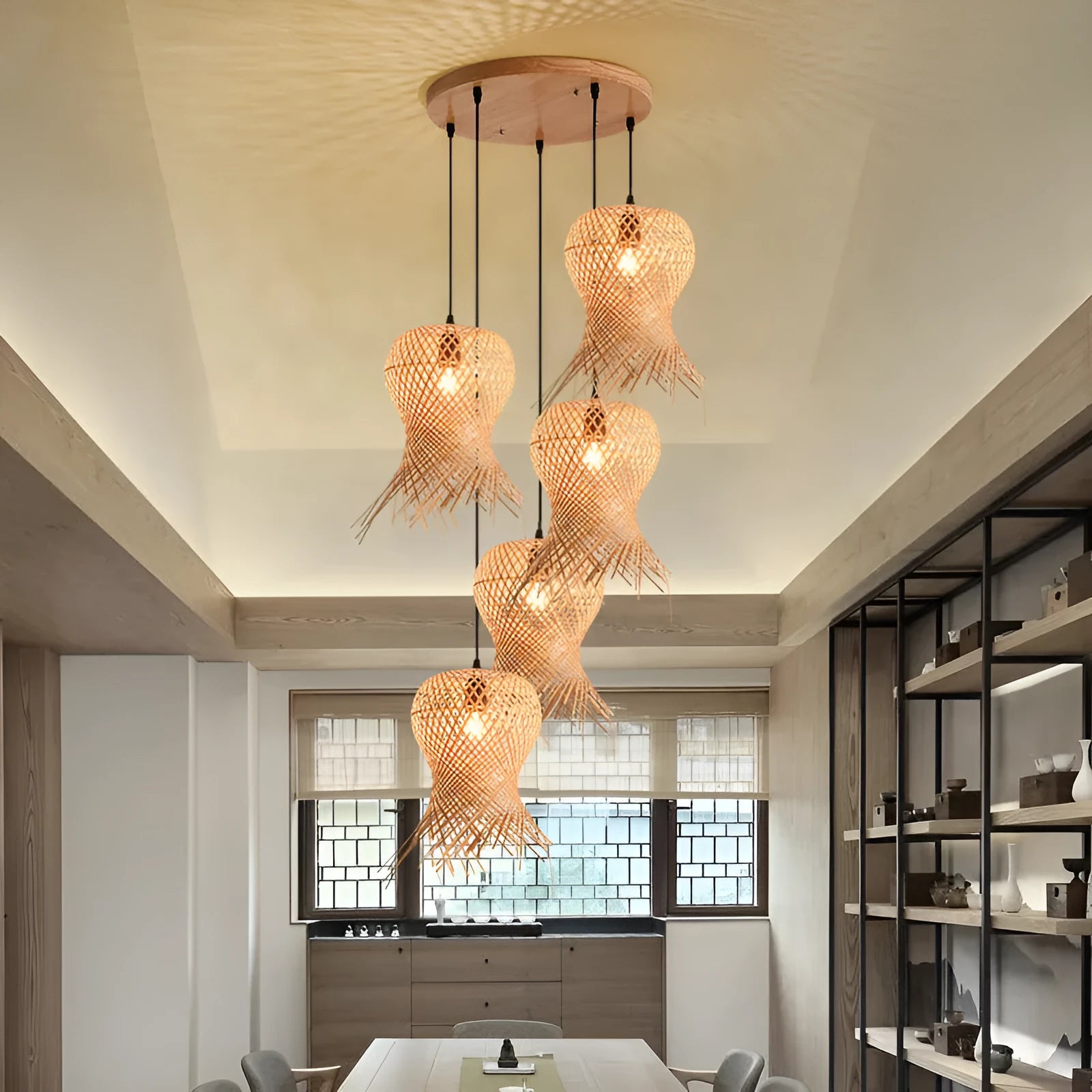 Bamboo woven chandelier with wood art frame new Chinese style ceiling lamp