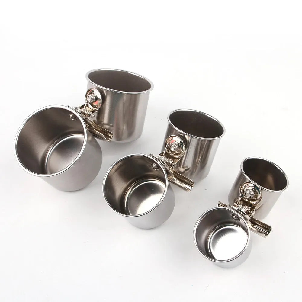 Stainless steel outdoor bird feeder in natural metallic finish, shown in three size options.
