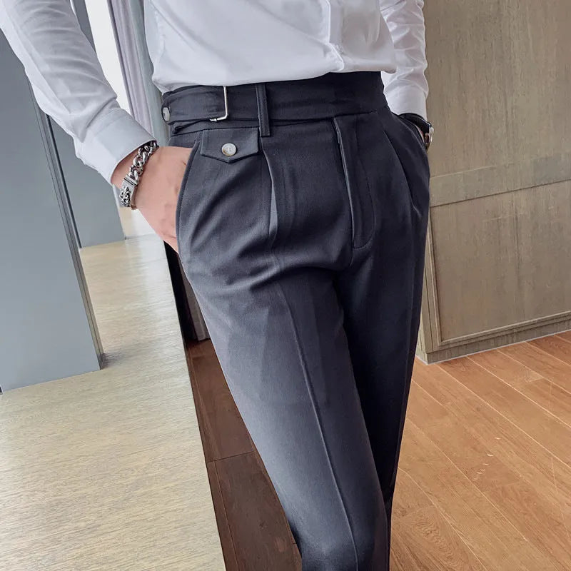 Men's straight-leg casual trousers in polyester available in multiple colours.