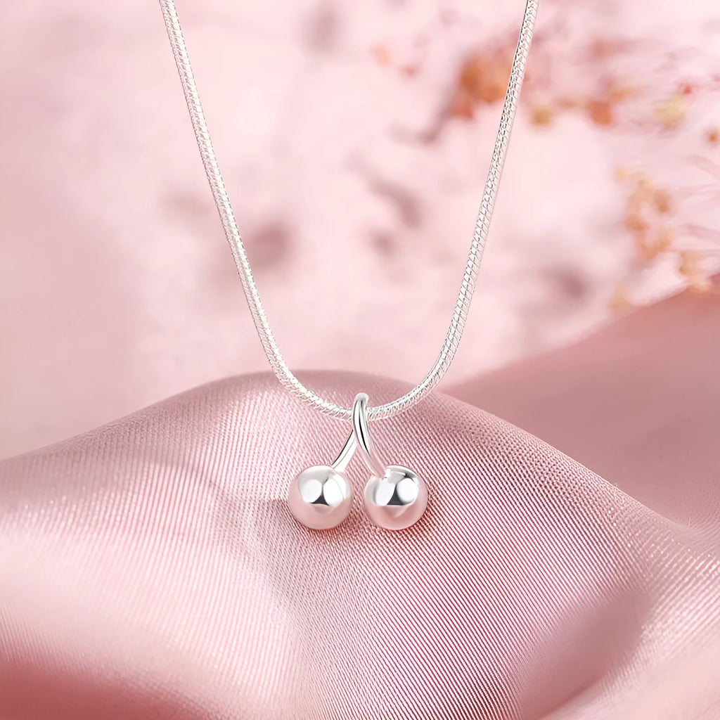925 silver cherry fruit pendant on a snake bone chain necklace, adjustable from 21 to 50 cm.