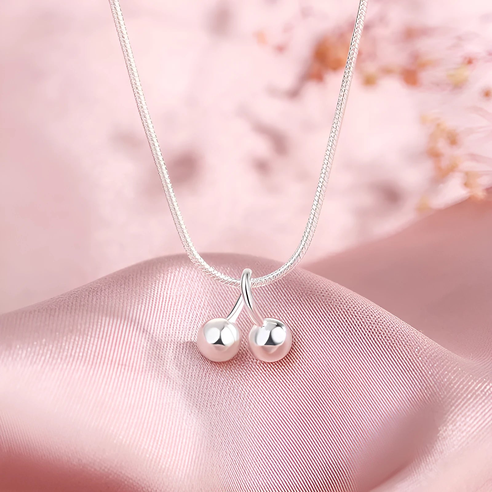 925 silver cherry fruit pendant on a snake bone chain necklace, adjustable from 21 to 50 cm.