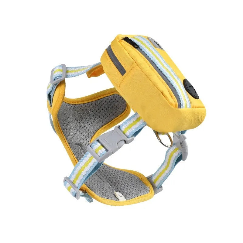 Explosion-proof anti-strangulation pet harness in Oxford cloth with attached traction rope.