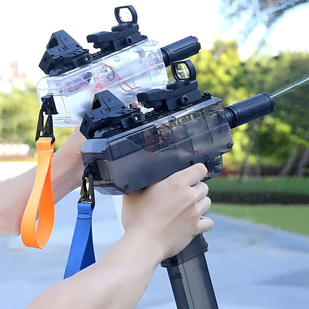 Uzi style electric water gun with transparent blue body, showing tactical accessories including sight and rail.