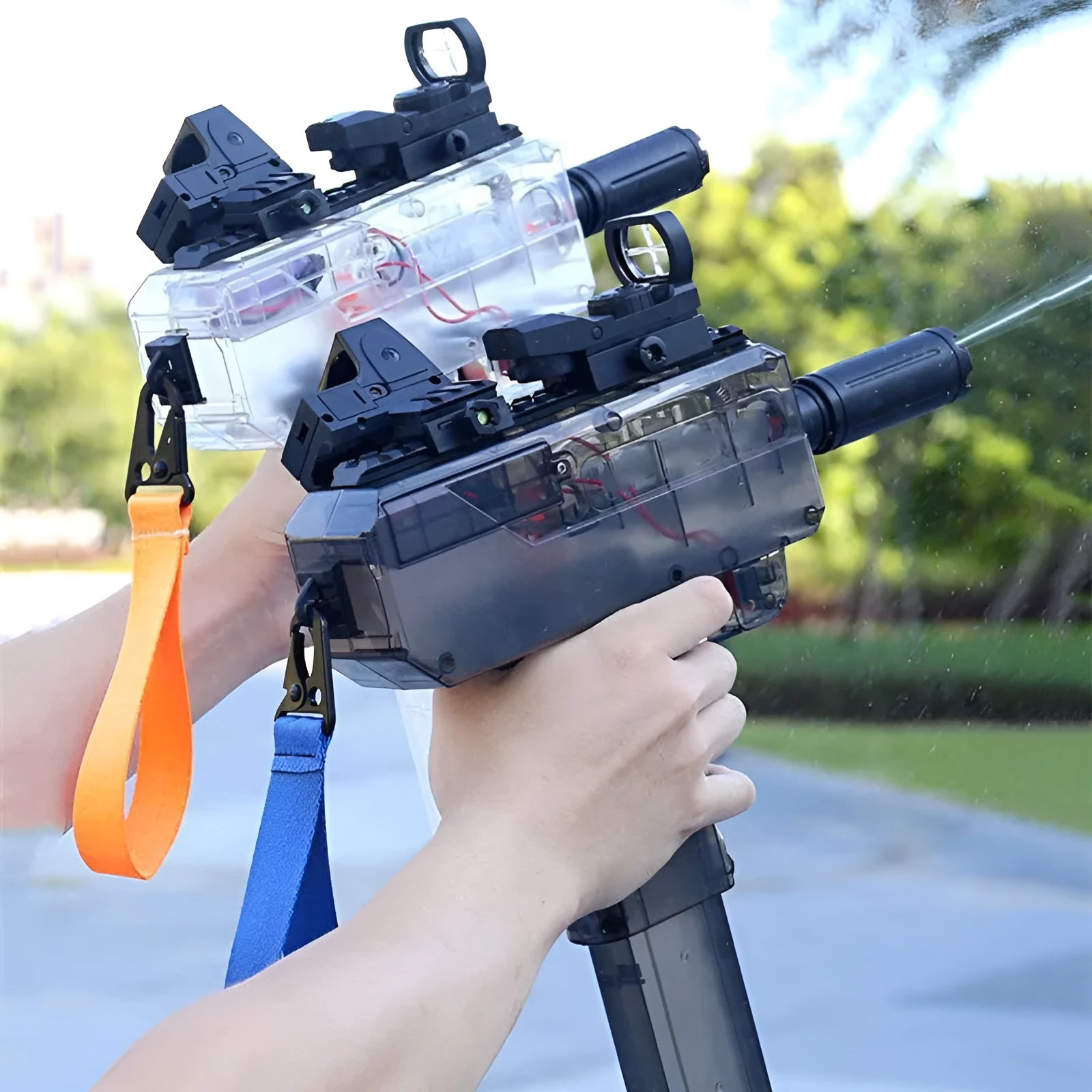 Uzi style electric water gun with transparent blue body, showing tactical accessories including sight and rail.