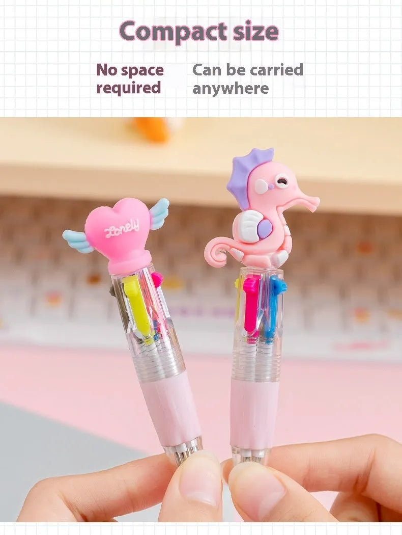 Four-colour press ballpoint pen with cartoon design showing cactus, fast food, and fruit vegetable patterns