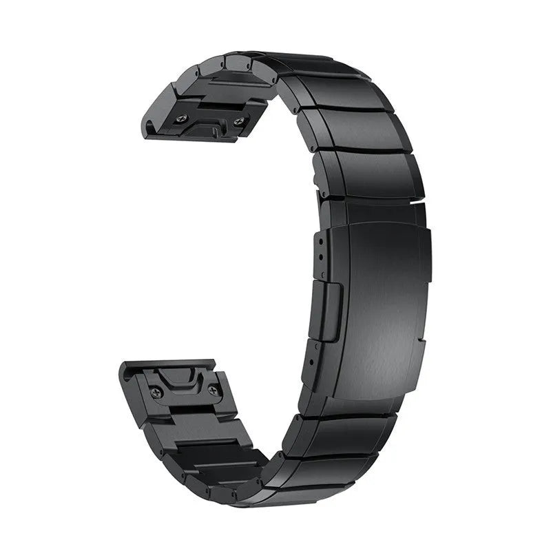 Stainless steel watch band for Garmin Fenix smartwatches showing straight buckle and multiple colour options