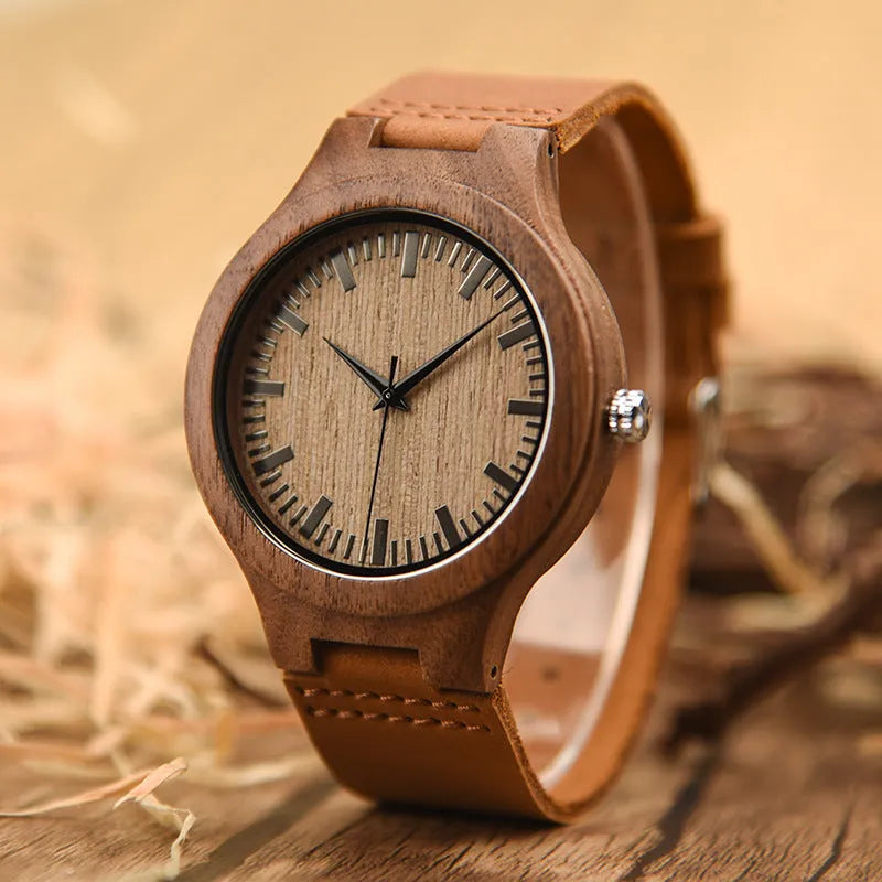 Wooden watch with brown wood strap, 43mm dial, mineral glass mirror, white dial, quartz movement