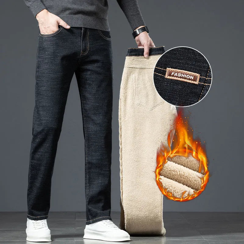 Men's loose straight fleece-lined jeans in black with lamb fleece lining, chenille fabric, sizes 29-48