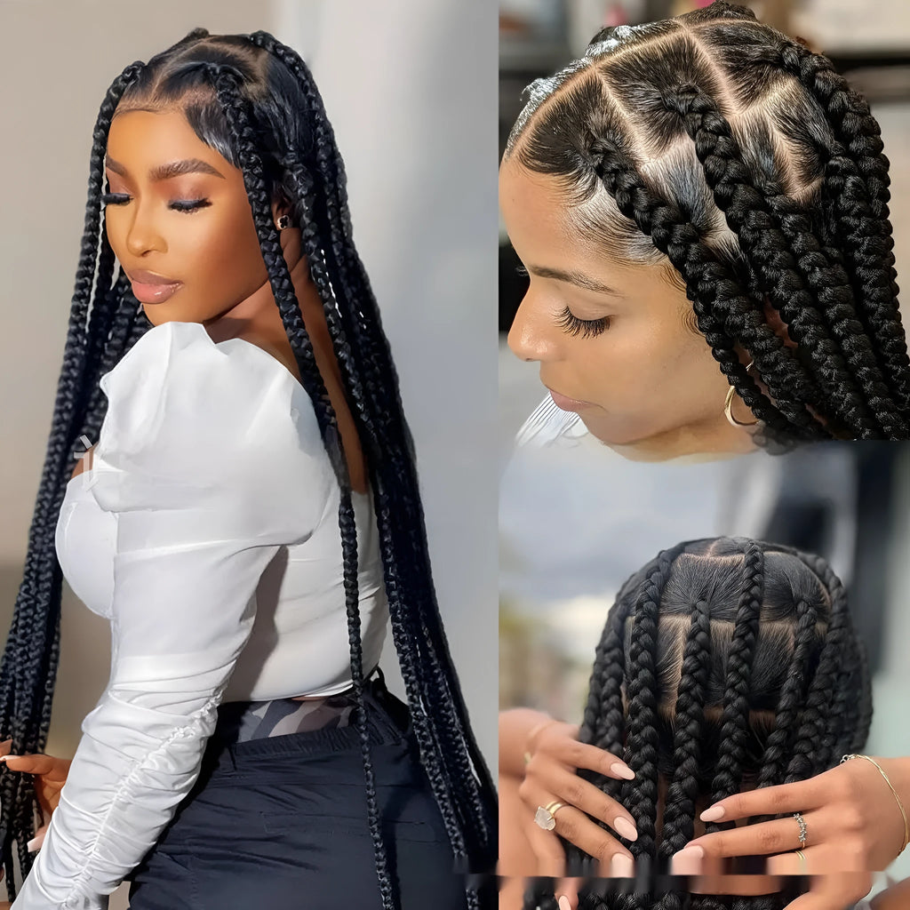 Hand-woven full lace synthetic fiber three-strand braid wig cap, 36 inch length, colour 1B natural black