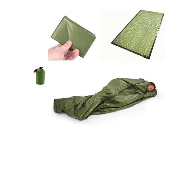 Emergency sleeping bag with aluminium film lining, envelope structure, 93x210cm, orange or green, with drawstring bag and whistle