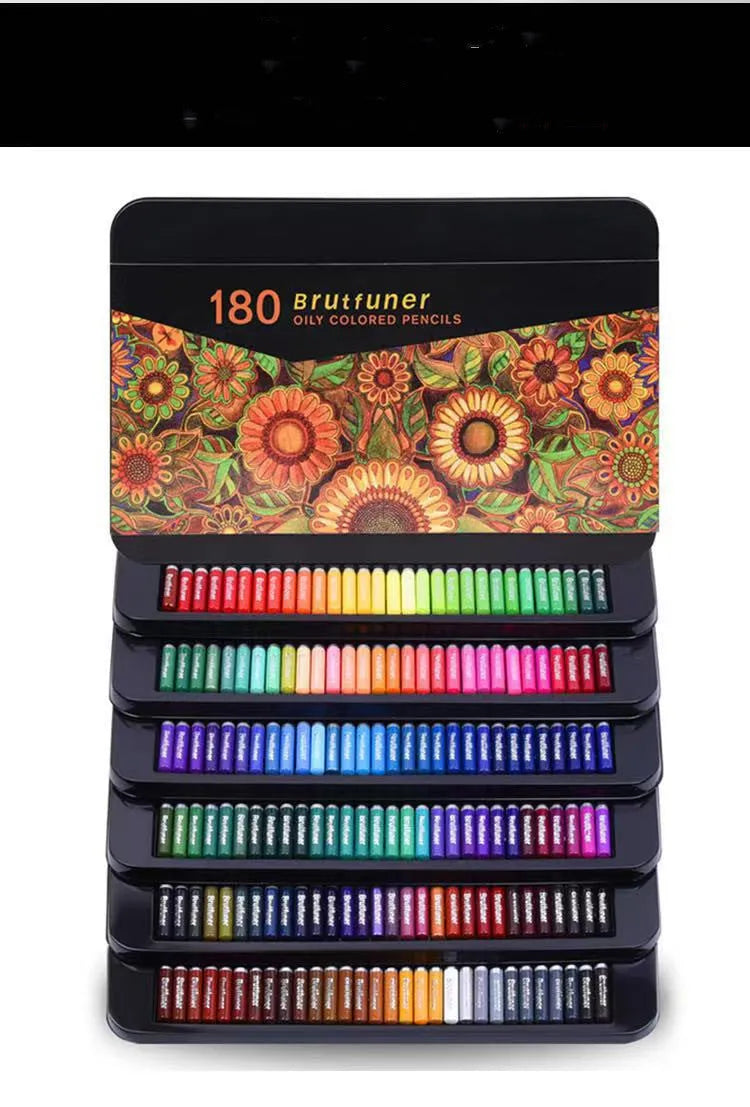 Open tin box showing 180 colourful oily pencils with wooden barrels and attached brush tips for painting.