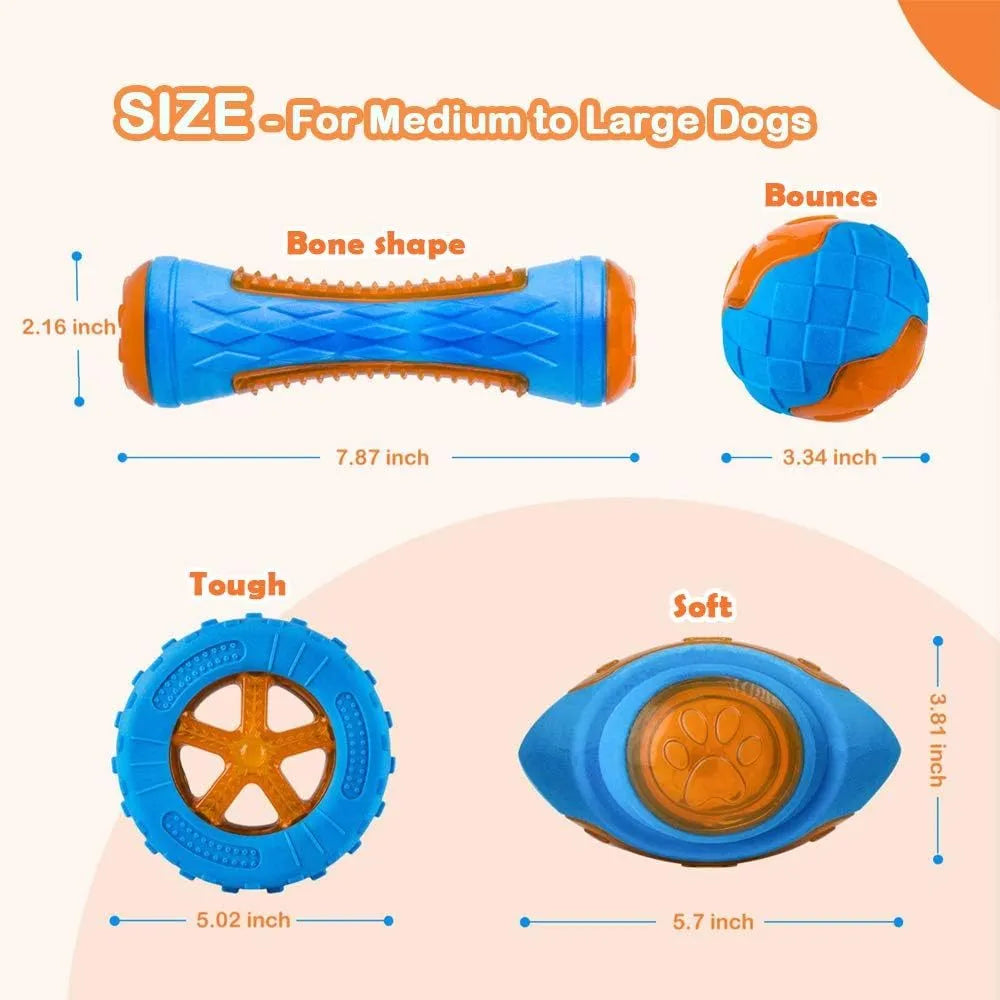 Three TPR floating dog toys: a red squeaky ball, a blue barbell, and an orange tyre, on a pool edge.
