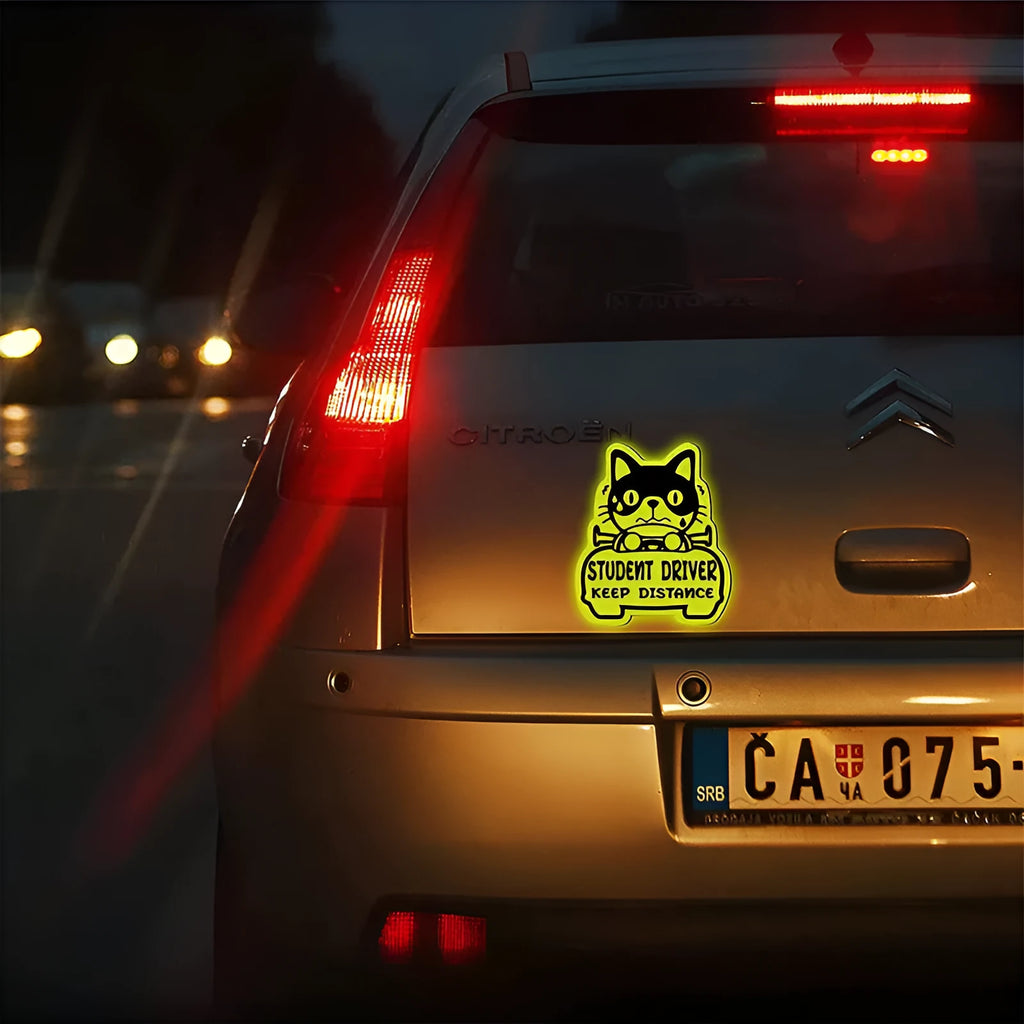 Set of three magnetic reflective car stickers showing cat, panda and duck designs on a car window.