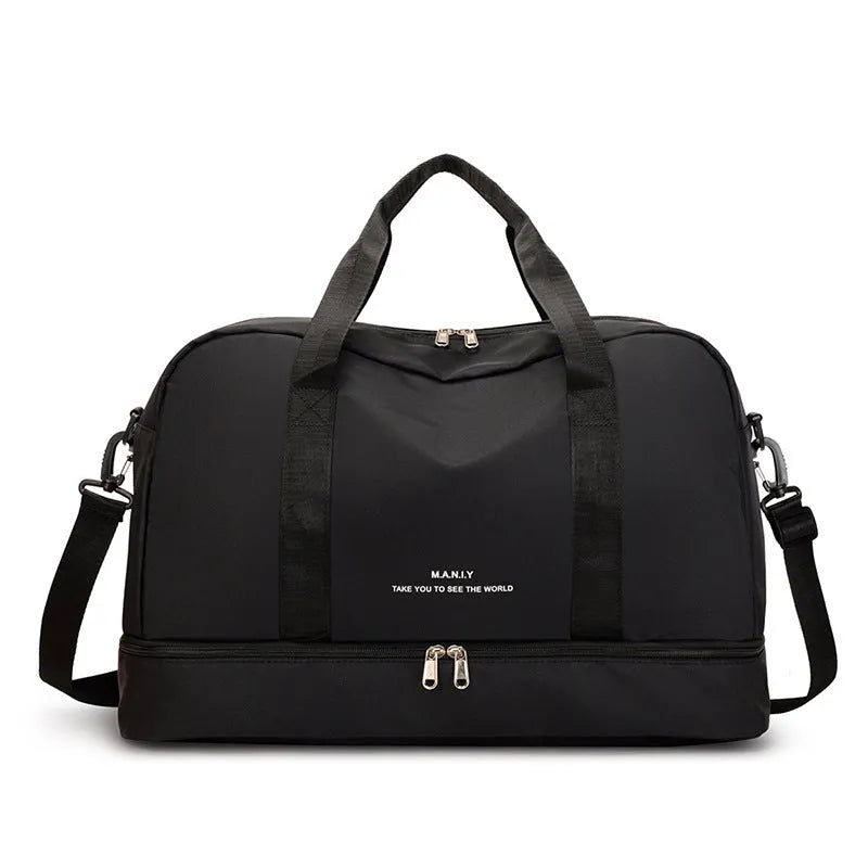 Large capacity Oxford cloth travel bag with waterproof dry wet separation in black, front view