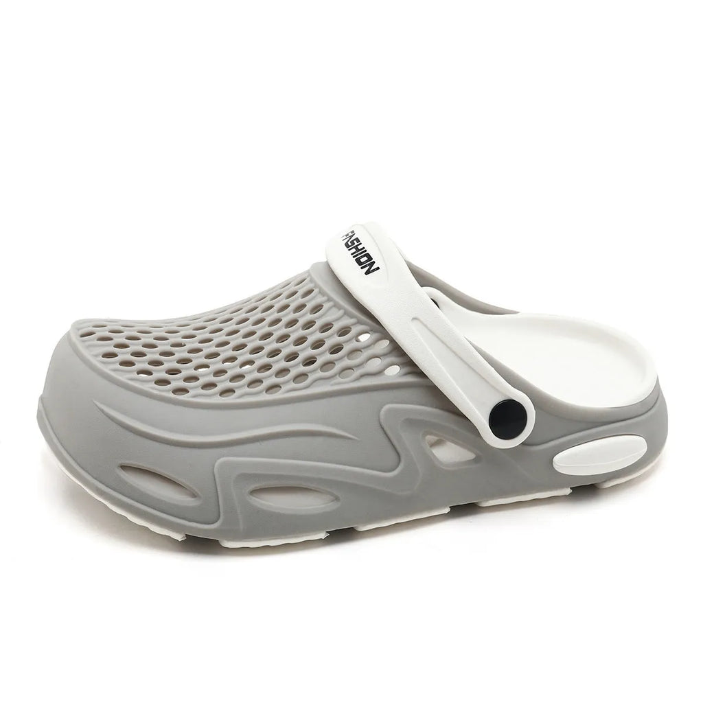 Men's grey closed toe EVA beach slippers with grid pattern upper and non-slip sole