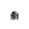 Close-up of a silver-toned alloy ring with a raised one-eyed skull design on a black background.