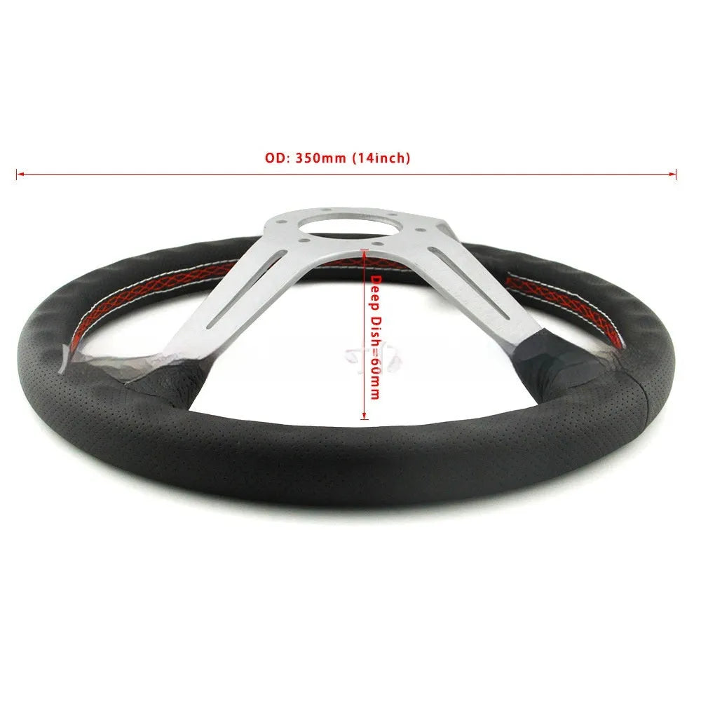 14-inch leather steering wheel with concave middle section in silver-black colour