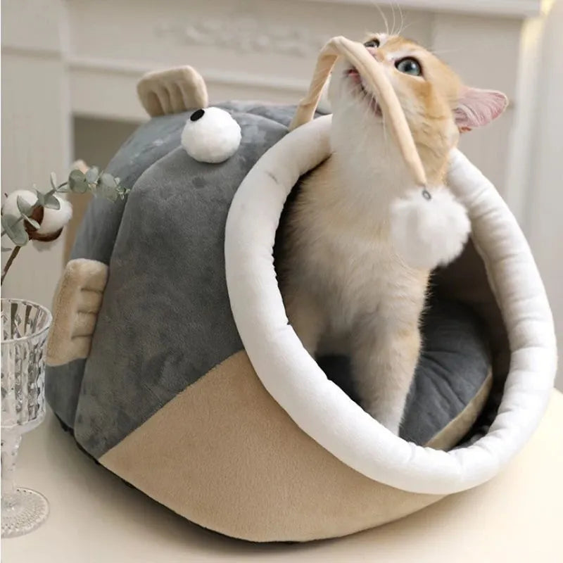 Semi-closed grey deerskin velvet pet house for cats or small dogs
