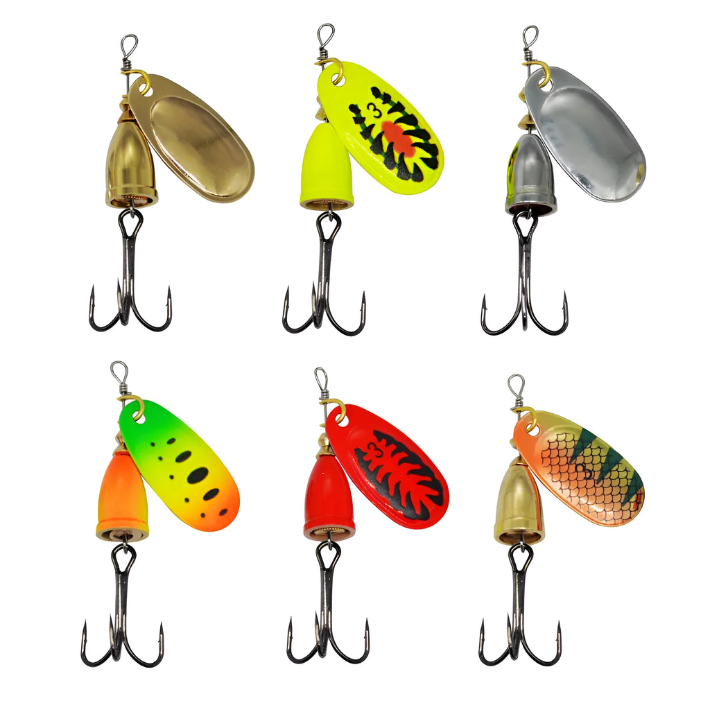 Copper bell fishing lure with rotating sequins in seven colour variations showing gold, red, silver, rose gold, yellow, yellow green, and gold mesh finishes