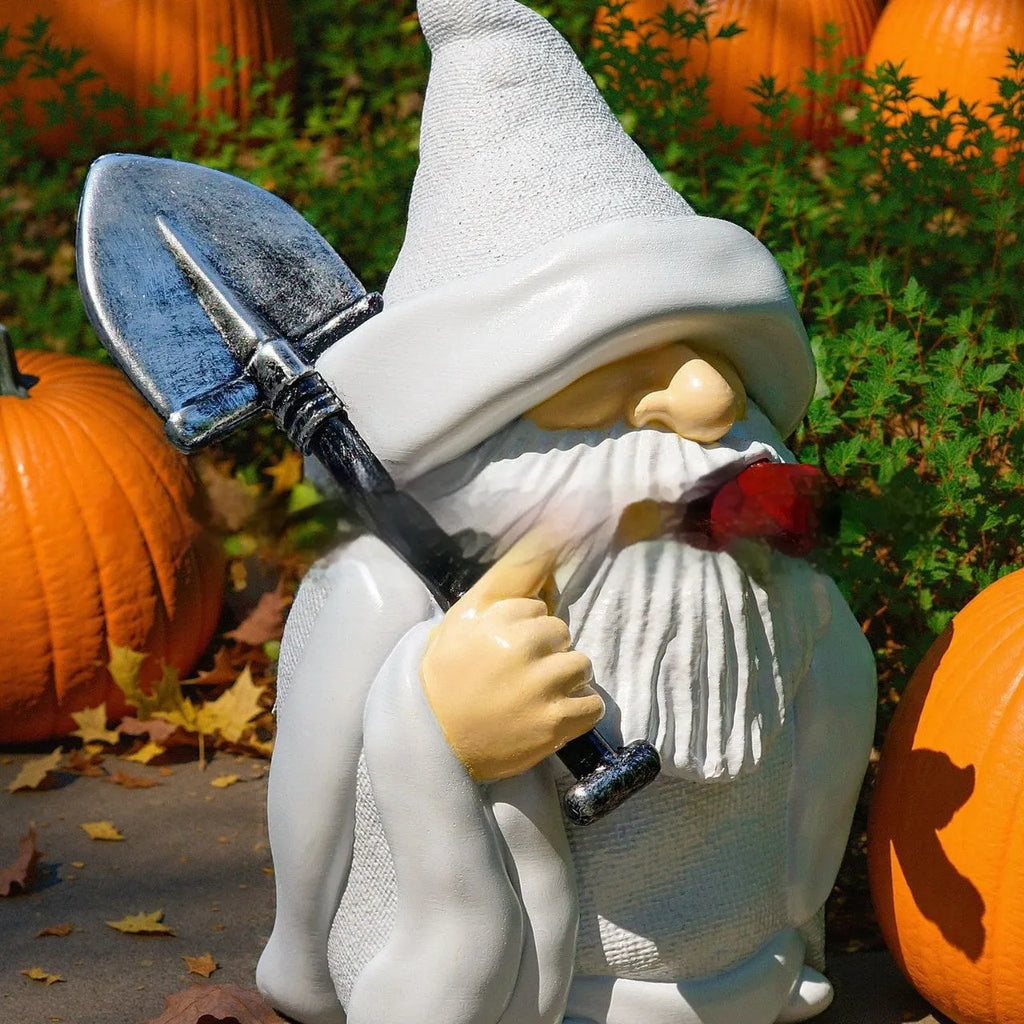 Resin Christmas ornament with dwarf figure holding smoking shovel for garden or home decoration