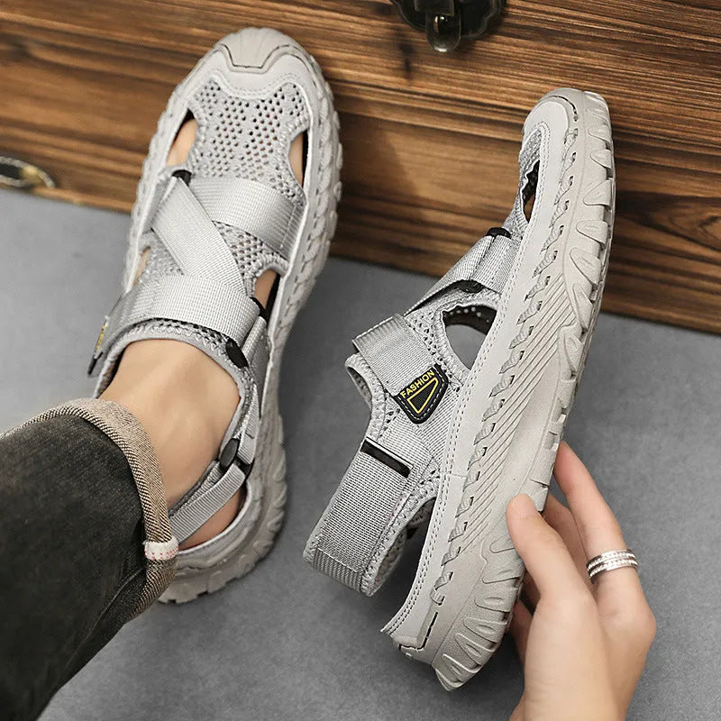 Men's grey genuine leather casual sandals with breathable mesh lining and elastic band closure