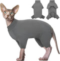 Grey faux fur turtleneck sweater on a hairless Sphynx cat, showing sleeves and leg openings.