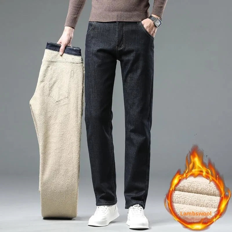 Men's fleece-lined cotton straight-leg jeans in black with velvet lining, mid waist, drawstring closure