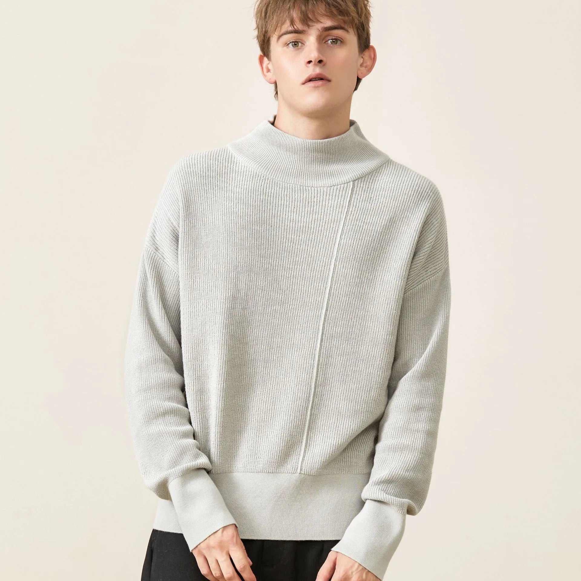 Men's loose fit long sleeve round neck cotton sweater available in grey