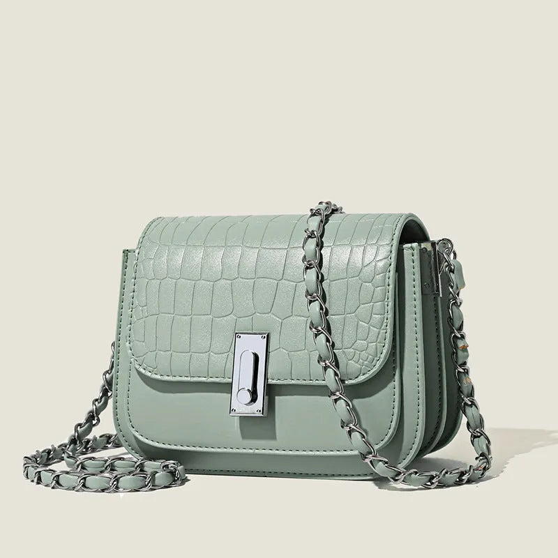 Black soft PU leather women's square shoulder bag with a silver chain strap