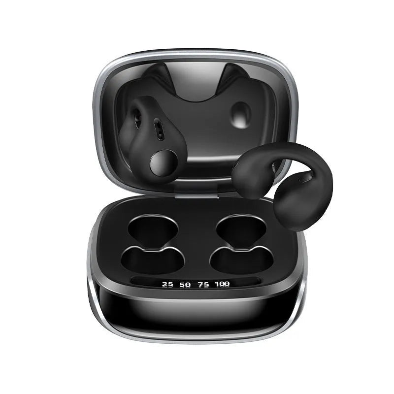 JX80 true wireless bone conduction headphones in black, white, purple, and skin tone colours with charging compartment