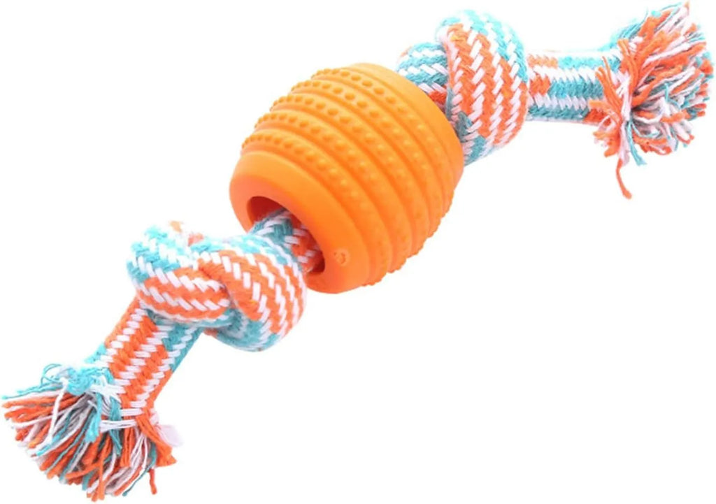 Blue soft dog chew toy with white ropes for cleaning teeth