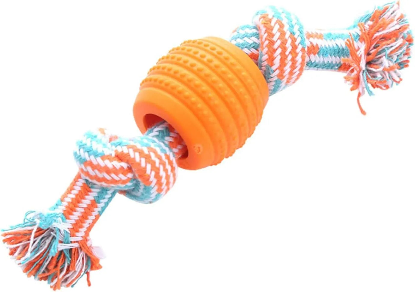 Blue soft dog chew toy with white ropes for cleaning teeth