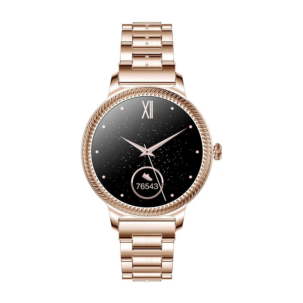 AK38 ladies smart watch with stainless steel Milanese band showing on a wrist.
