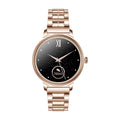 AK38 ladies smart watch with stainless steel Milanese band showing on a wrist.
