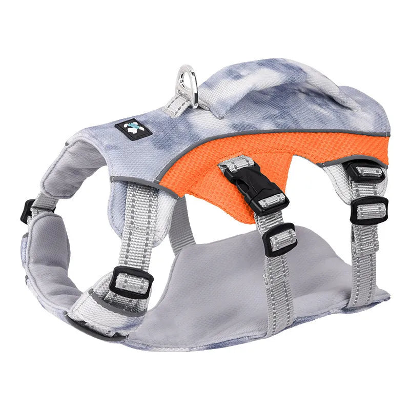 Reflective pet cooling chest strap harness for dogs in light blue, on a model.