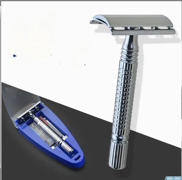 Chrome finished double edged safety razor with weighted handle and storage box