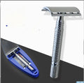Chrome finished double edged safety razor with weighted handle and storage box