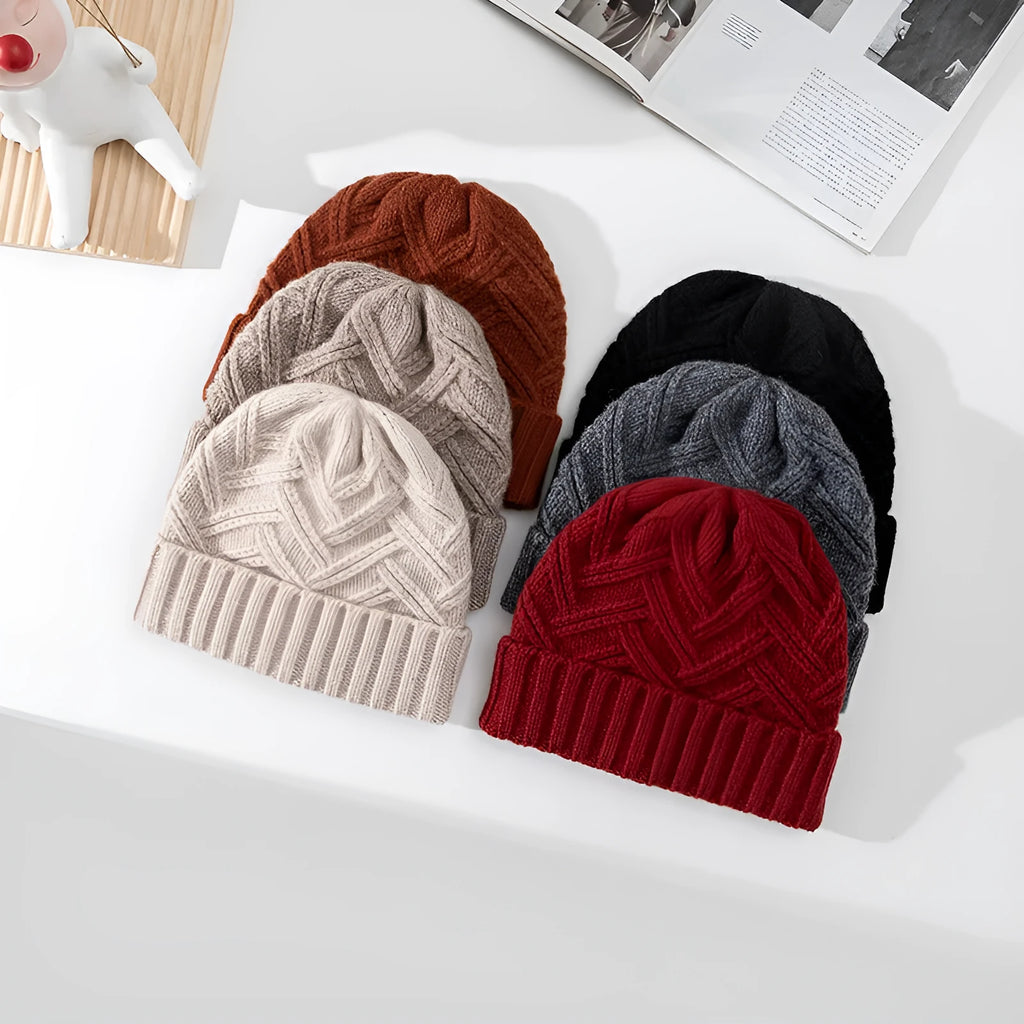 Wool knitted women's hat with dome crown in one of six colours: ivory white, khaki, red, brown, grey, or black.