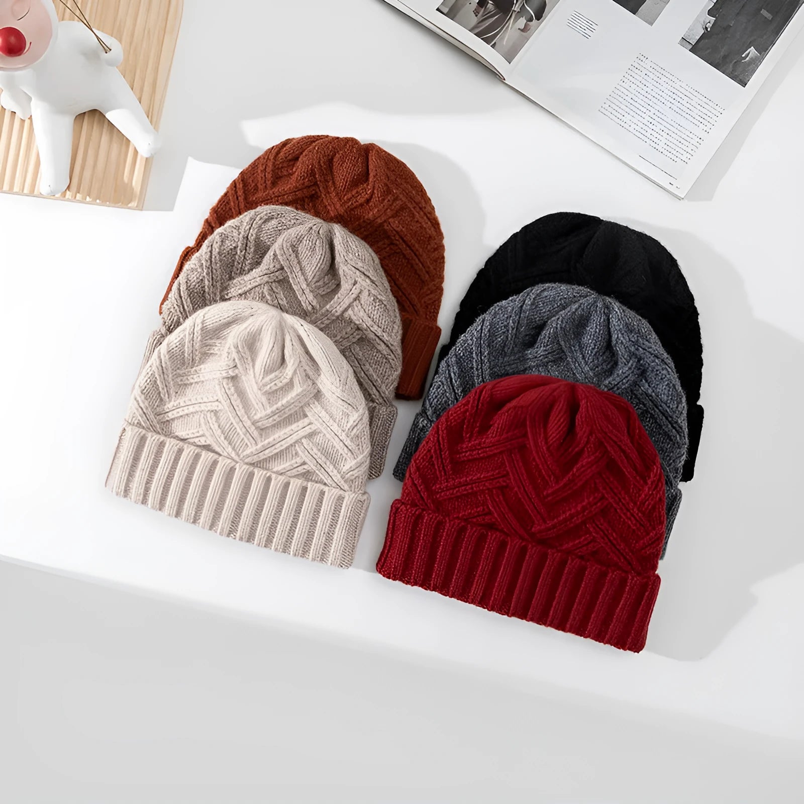 Wool knitted women's hat with dome crown in one of six colours: ivory white, khaki, red, brown, grey, or black.