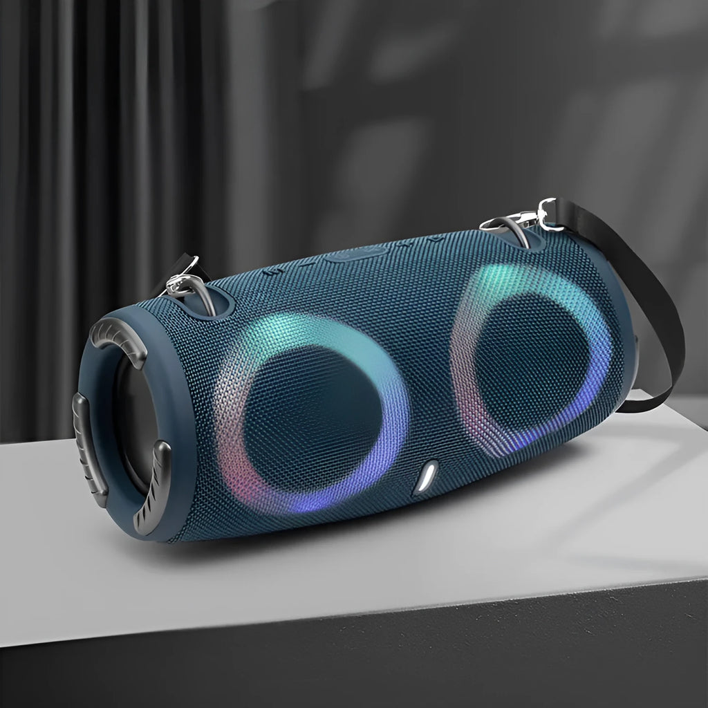 Portable war drum design Bluetooth speaker with RGB coloured lights in blue, black, red, silver grey, or camouflage.