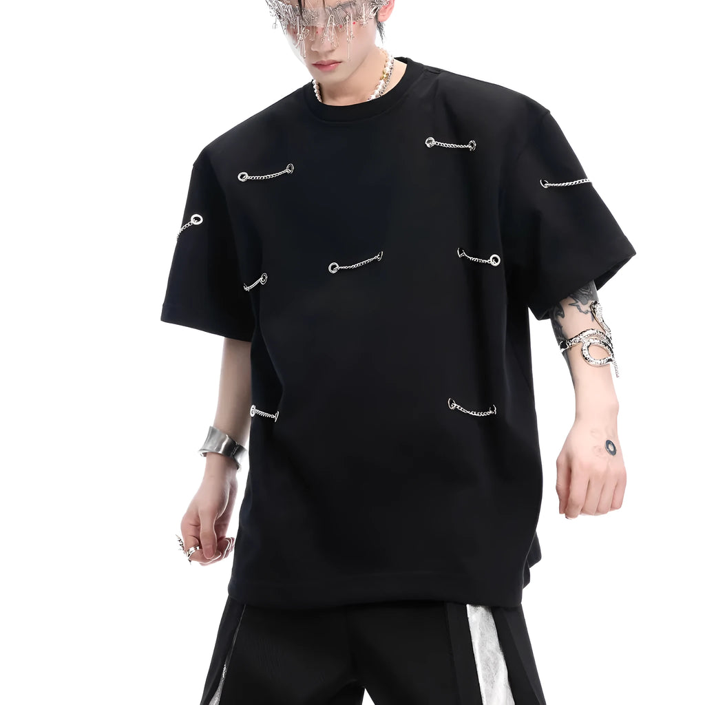 Black men's T-shirt with padded shoulders and metal chain detail, short sleeves, round neck