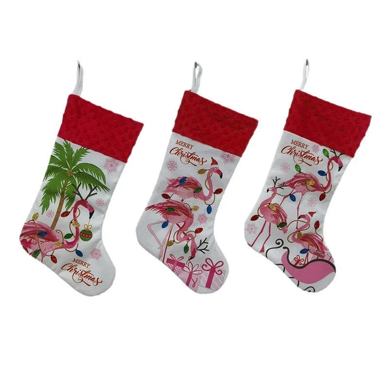 Flamingo-themed cloth Christmas stocking decoration measuring 46 by 28 centimetres