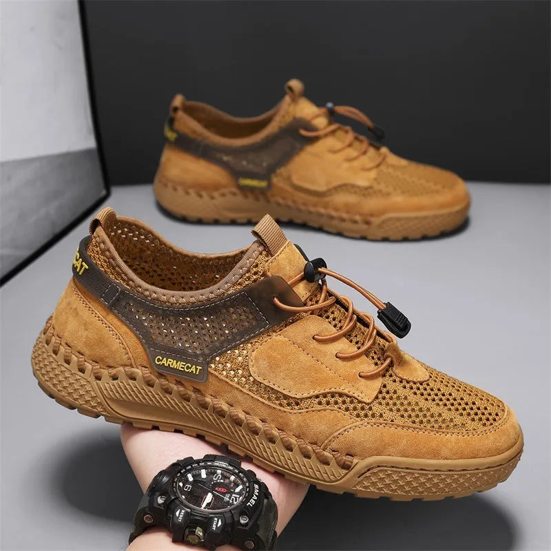 Men's brown suede low-top casual tennis shoes with elastic band and hand-stitched rubber sole.