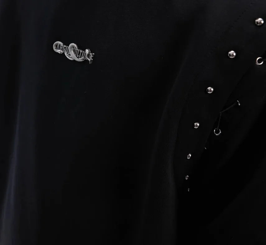 Black deconstruction lace-up cutout short sleeve t-shirt on a hanger