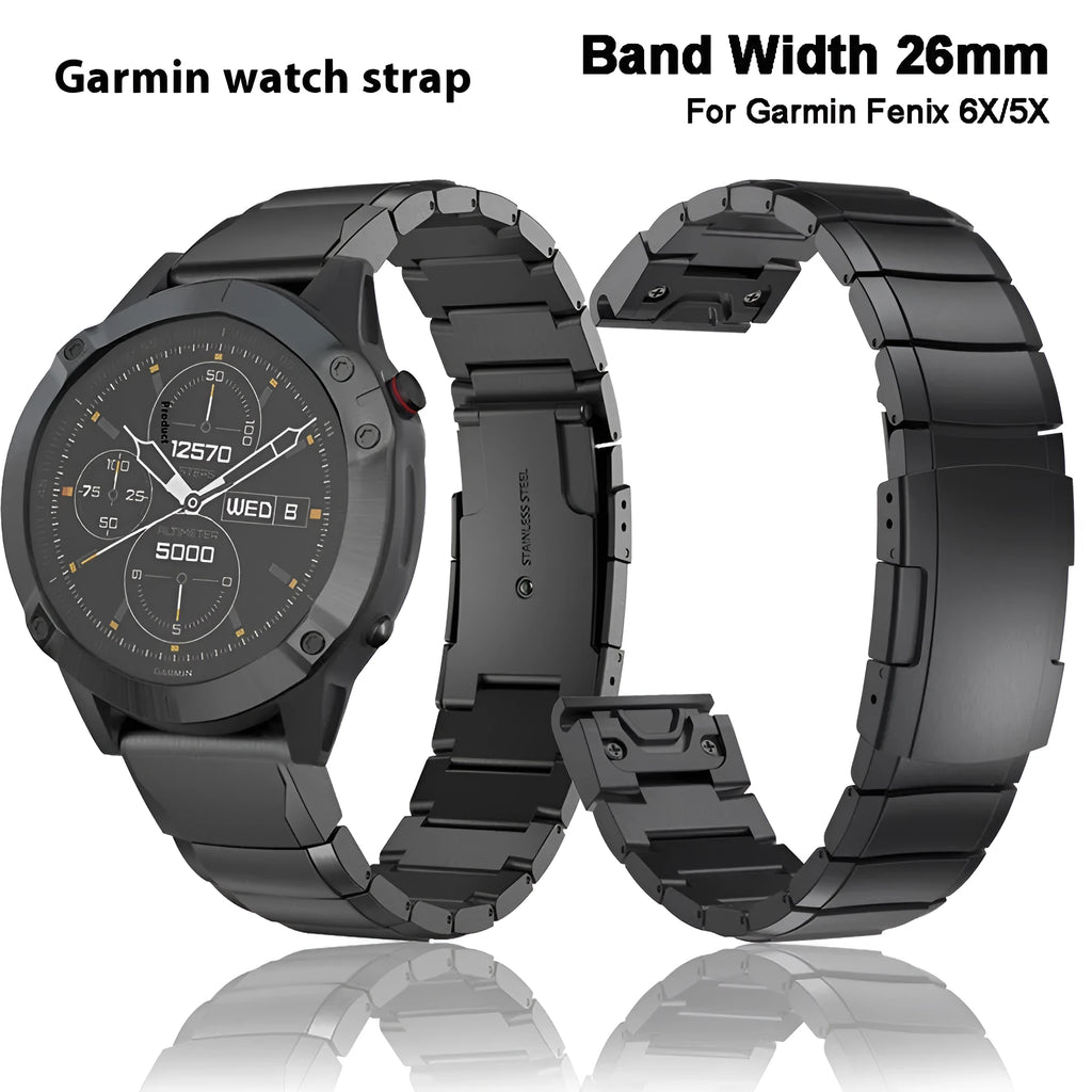 Stainless steel watch band for Garmin Fenix smartwatches showing straight buckle and multiple colour options