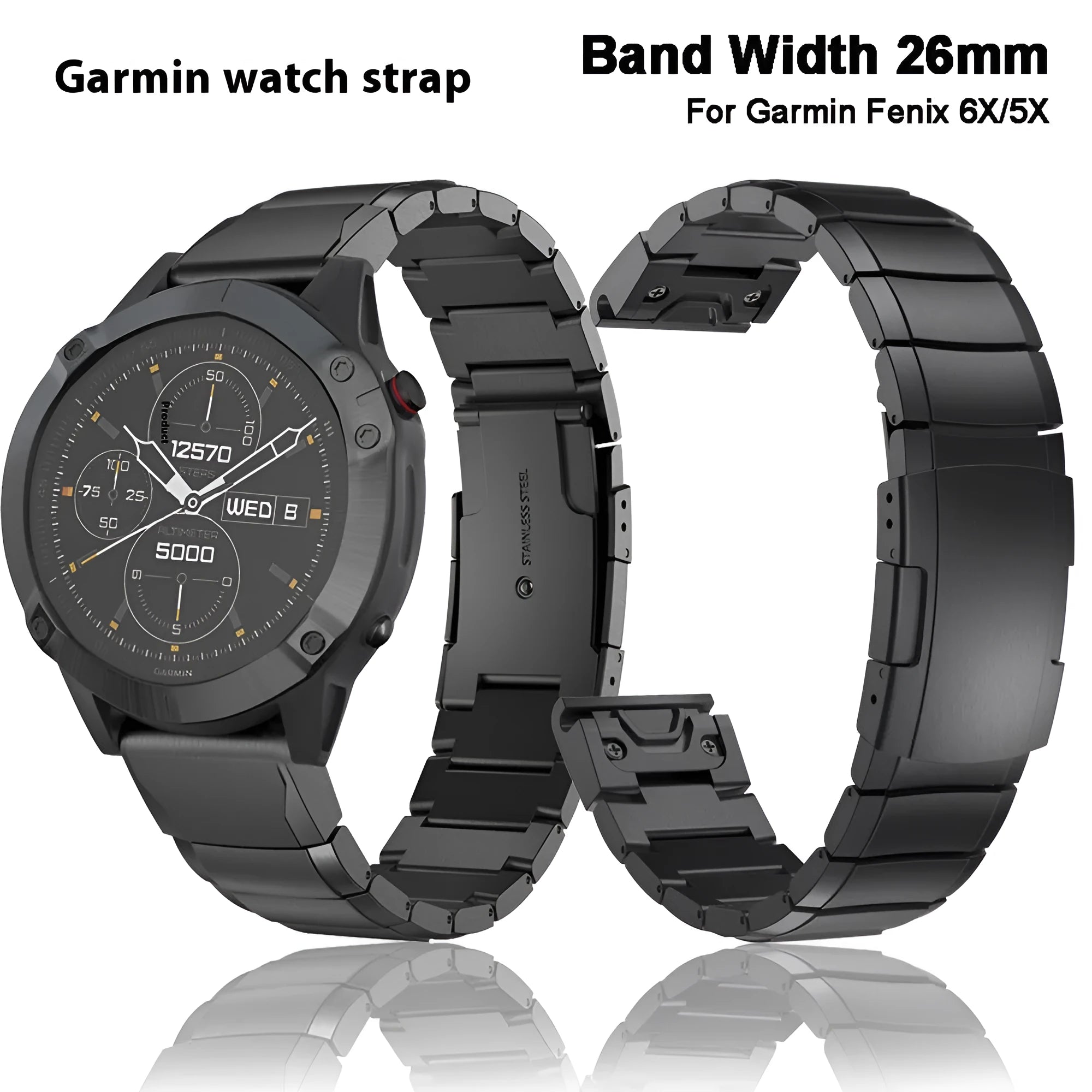 Stainless steel watch band for Garmin Fenix smartwatches showing straight buckle and multiple colour options