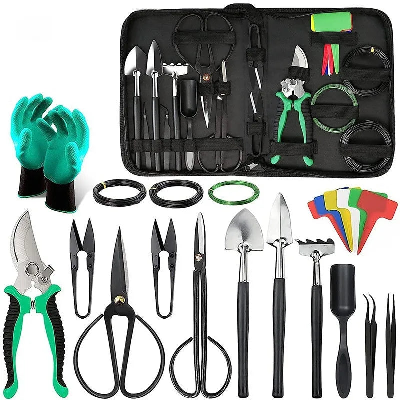 24-piece stainless steel bonsai tool set in compact storage case for potted plant pruning