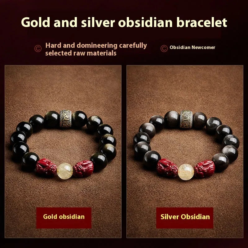 Cinnabar beads bracelet with animal zodiac modelling in gold obsidian or silver stone options presented in silver gift box