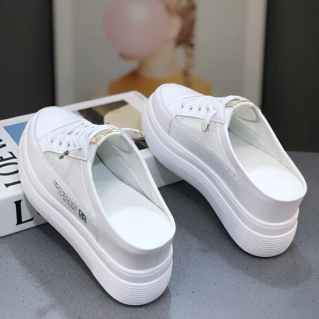 White women's mesh platform lazy shoes with round toe and synthetic leather upper
