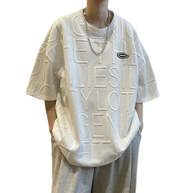 Men's grey t-shirt with raised black letter print, short sleeves, loose fit